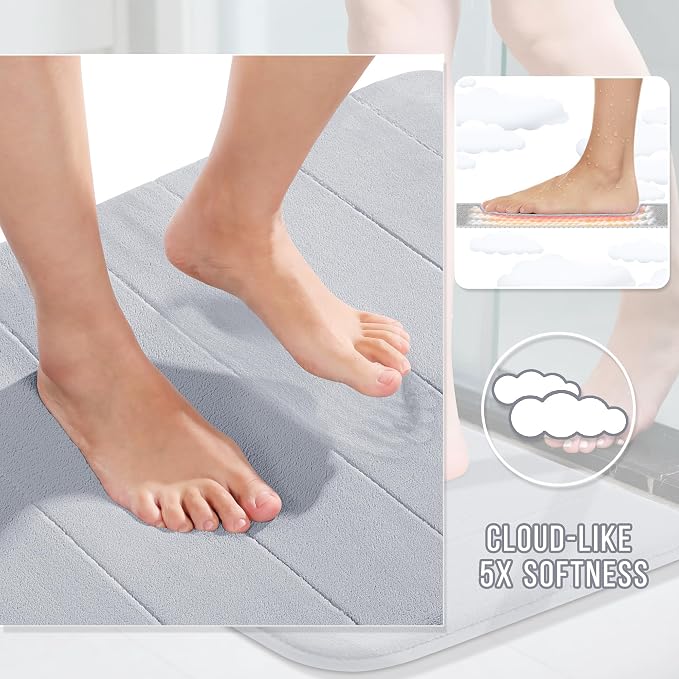 Yimobra U-Shaped Toilet Bath Mat Set 2 Piece - Super Soft Absorbent Quick Dry Memory Foam Bathroom Rugs, Machine Washable Non Slip Floor Carpet for Tub Shower & Single Sink (17x24 & 24x20, Silver)