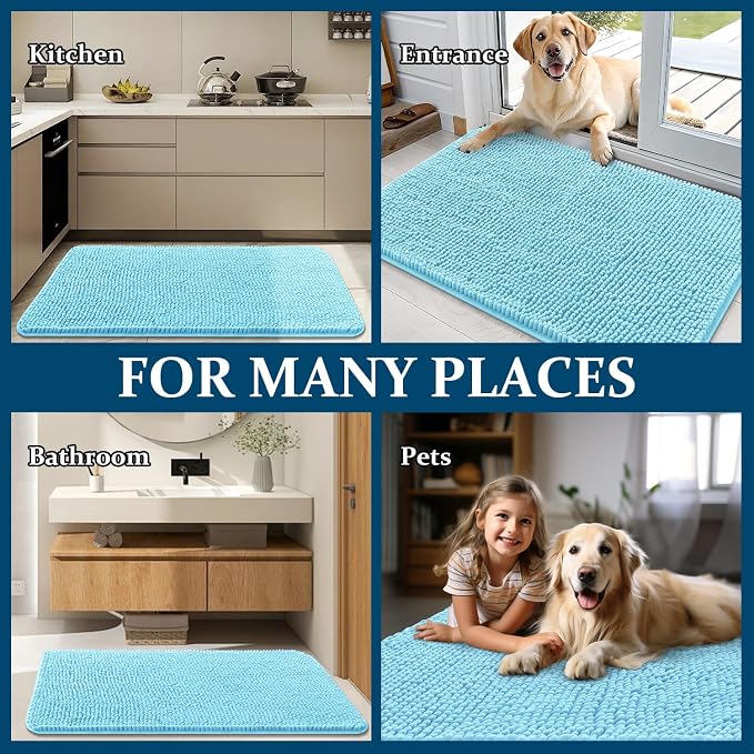 OLANLY Dog Door Mat for Muddy Paws 35x24, Absorbs Moisture and Dirt, Absorbent Non-Slip Washable Doormat, Quick Dry Chenille Mud Mat for Dogs, Entry Indoor Entryway Carpet for Inside Floor, Blue