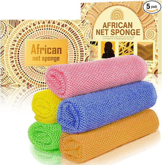 5 Pieces African Net Sponge – Deep Cleansing & Exfoliating Mesh for Glowing Skin – Stretchable, Quick-Dry Material for Daily Shower Use (Yellow, Pink, Green, Blue, Orange)