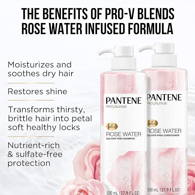 Pantene Sulfate Free Shampoo and Conditioner Set, Rose Water, Soothing and Moisturizing, Infused with Vitamin B5, for all Hair Types, Safe for Color Treated Hair, Pro-V Blend, 17.9 Fl Oz Each, 2 Pack