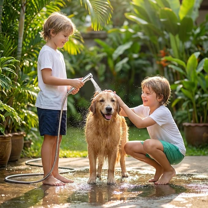 Dog Shower Attachment Kit with Handheld Sprayer – 8FT Flexible Stainless Steel Hose +Shower Arm Diverter – High Pressure Pet Bath Wand for Medium & Large Dogs, Long Thick Coat, Indoor All-Year Use