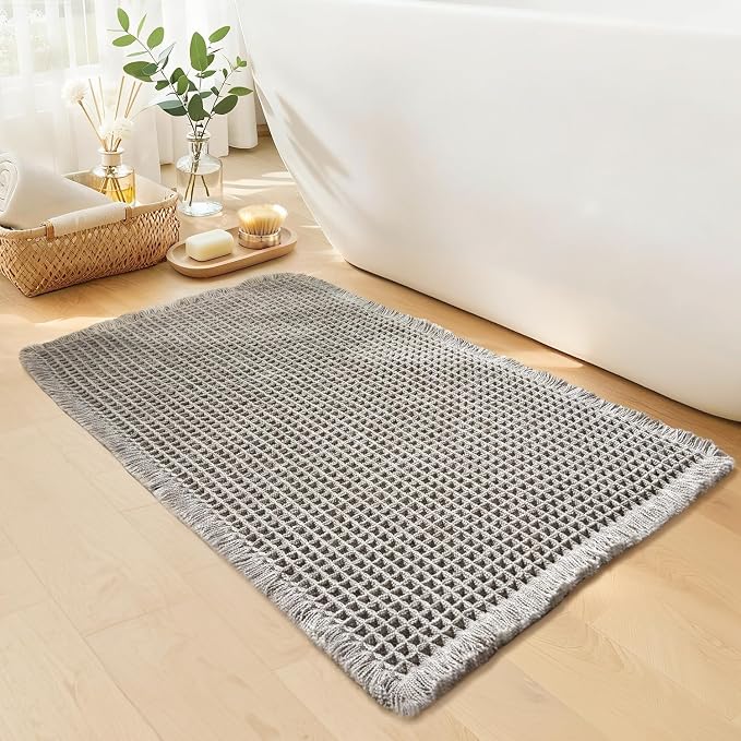 Waffle Bath Mat - Boho Bathroom Rugs Non Slip Washable, Super Absorbent & Quick Dry, Small Bath Mats Farmhouse Bathroom Decor, 18'' x 30'', Light Grey
