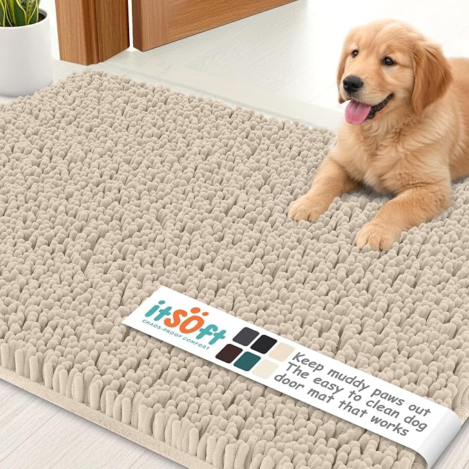 Dog Rugs for Muddy Paws 25x18 | Cleaner Mud Free Floors | Muddy Dogs Mats for Indoor, Dog Mat for Muddy Paws Door Mat Washable, Absorbent Chenille Mud Room Rug Paw Matt w/ Non Slip Backing, Beige
