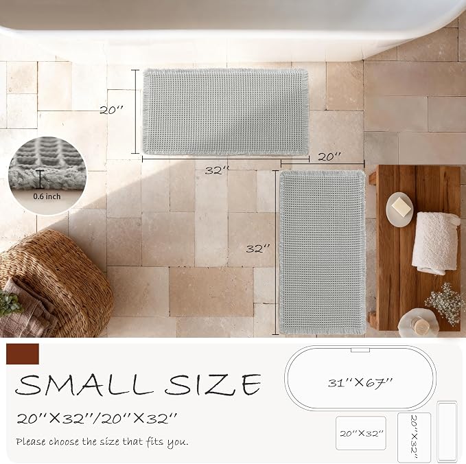 DWCN Waffle Bathroom Mat Set, Super Absorbent Non Slip Bath Rugs Set for Bathroom Floor, Shower Mats 2 Piece for Tub, Washable Kitchen Rugs for Farmhouse Boho Home Decor, 20 x 32 Inch, Grey