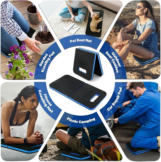 Foldable Kneeling Pad for Gardening & Mechanic Work, Waterproof Extra Thick High Density EVA Foam Knee Mat for Bathing Baby, Exercise,Portable Cushion with Handle, 20.4" x 11.8"(Blue & Black)