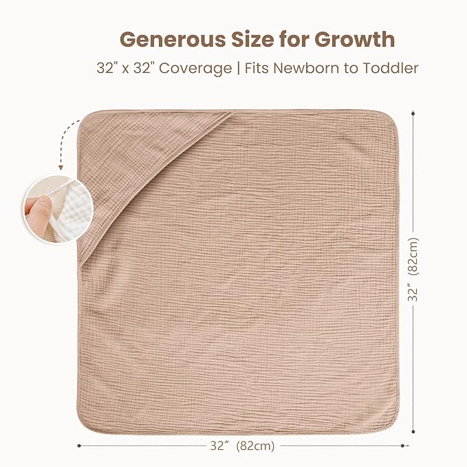 Konssy 2-Pack Muslin Hooded Baby Towels, 100% Cotton, Ultra-Soft & Absorbent Baby Bath Towels with Hood for Newborn & Infant (Camel, Sun,32" x 32")