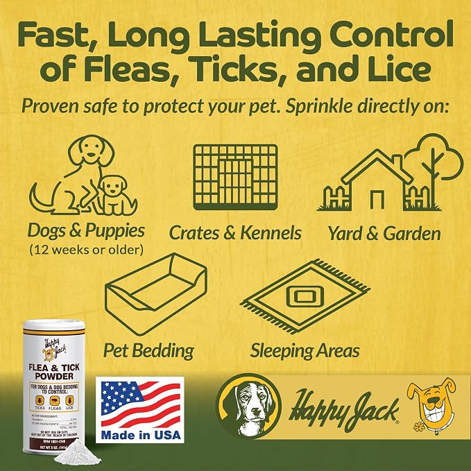 Happy Jack Flea and Tick Powder for Dogs & Puppies, Odorless, 5 oz | Flea Treatment & Control, Kills Pests, Ticks & Lice, Non-Staining, Dust on Sleeping Quarters & Dogs
