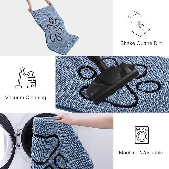 Smiry Dog Door Mat for Muddy Paws, Absorbent Dirt Trapper Non Slip Quick Dry Washable Chenille Mat for Mud Dogs, Entry Rug for Indoor and Outdoor (59x35 Inches, Airy Blue and Black)
