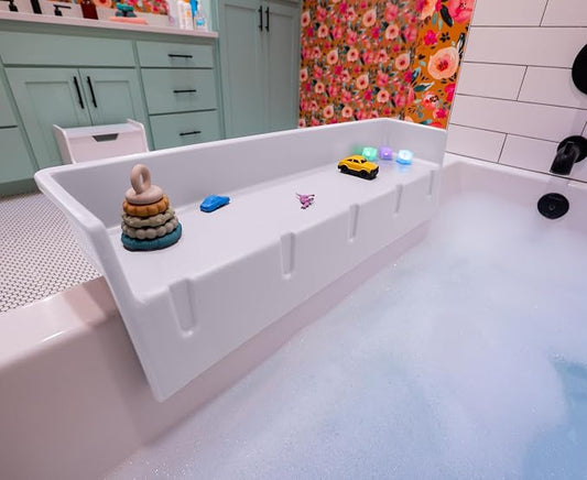 Tub Topper Kids Bathtub Splash Guard, Shelf & Toddler Bath Toy Tray - White | Toddler Bath Tray & Ledge Organizer, Strong Suction Cups, Patented Lip Design, Kids Bathroom Accessory Storage, Made in USA