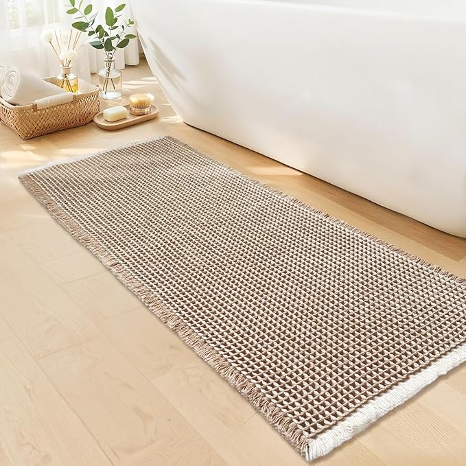 Waffle Runner Bath Mat - Long Boho Bathroom Rugs Non Slip Washable, Super Absorbent & Quick Dry, Soft Bath Mat Farmhouse Bathroom Decor, 24'' x 60'', Khaki and White