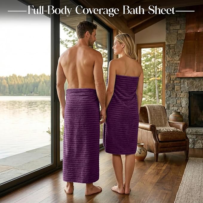 RIVERSIDE Pack of 2 Extra Large Bath Sheet Towels, 35 x 70 Inches, 600 GSM, Ribbed Stripe, 100% Cotton - Super Soft, Highly Absorbent & Quick Dry for Bathroom, Spa & Hotel, Purple Passion