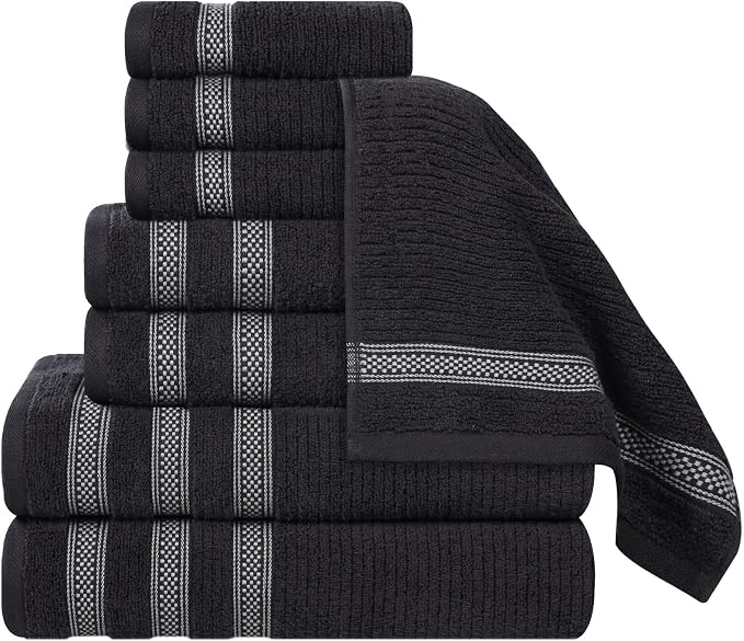 Superior Cotton 8-Piece Towel Set, Zero Twist, Ribbed Geometric, Bathroom Essentials, Shower, Spa, Luxury Plush Soft Absorbent Towels, Includes 2 Bath, 2 Hand, 4 Washcloth/Face Towels, Black
