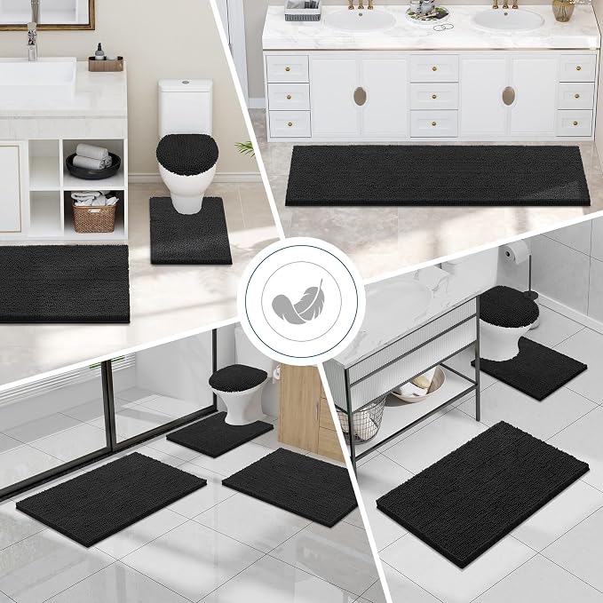 Smiry Luxury Chenille Bathroom Rugs 44x24, Extra Soft and Absorbent Shaggy Bath Mat, Machine Washable, Non-Slip Plush Carpet Runner for Tub, Shower, and Floor, Home Decor Accessories, Black
