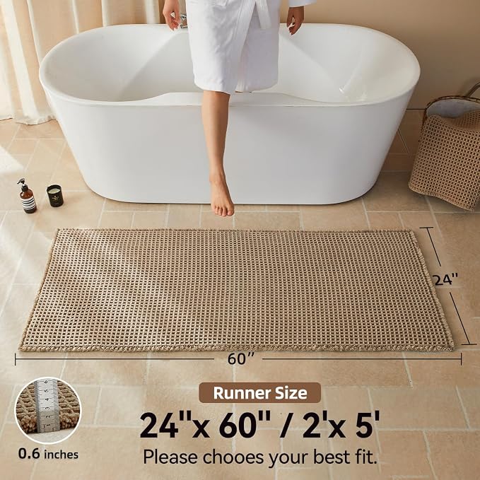 Triohero Waffle Runner Bath Mat - Long Bathroom Rugs Non Slip Washable, Ultra Soft Super Absorbent Quick Dry Boho Farmhouse Bathroom Decor, 24" x 60"', Beige