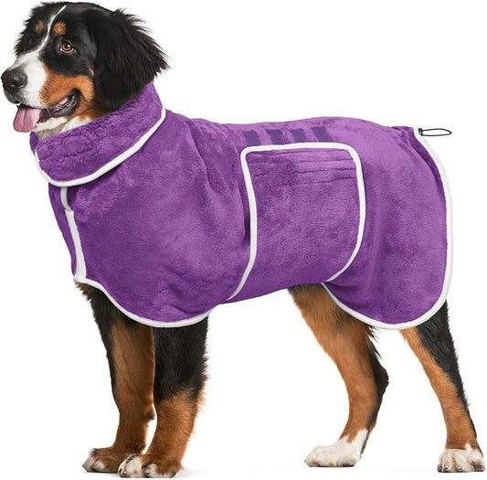 Dog Bathrobe Towel Dog Drying Coat - Super Absorbent Towels Bath Robe for Dogs Large, Soft Adjustable Collar & Belly Strap Fast Drying Coat Pet Cat Bath Robe (Violet, 3X-Large)