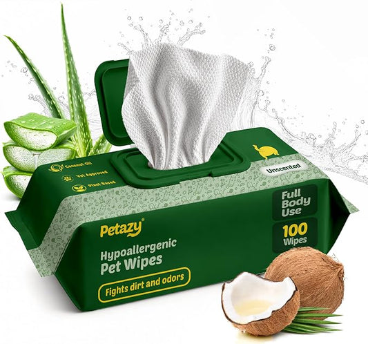 Petazy Pet Wipes for Dogs and Cats – 100 Count (8x8in) Hypoallergenic, Deodorizing Dog Wipes for Paws, Ears and Butt | XL with Aloe & Coconut Oil, Unscented | Travel Size, Single On-the-Go Pack