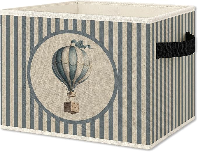 Hot Air Balloon Boy Storage Bins Box with Handles, Kids Decor for Boys, Blue Striped Balloon Collapsible Organizer Basket for Kids Nursery Room Bedroom Playroom Toys Books