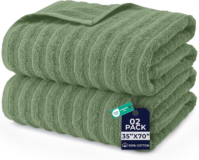 DAN RIVER Pack of 2 Bath Sheet 35x70 Inches, Extra Large Ribbed Quick Dry Bath Towels for Bathroom, Soft Absorbent Towels - Sage Green