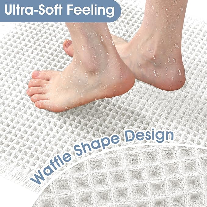 Upgraded Waffle Bath Mat Set 3 Piece White, Super Absorbent Non-Slip Quick Dry Bathroom Rugs with Tassels, Machine Washable Ultra Soft Boho Bath Rugs for Floor, Toilet Mats Boho Farmhouse Decor