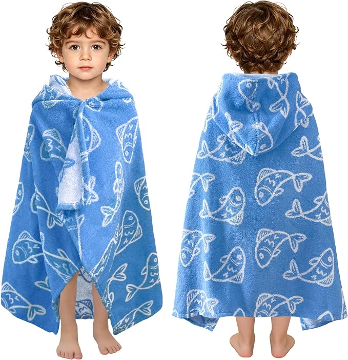 VOOVA & MOVAS Toddler Bath Towel with Hood, (0-3Years,40"X25"),Made from 100% Soft Cotton,Absorbent Hooded Towel Wrap for Baby Boy,Perfect for Pool | Swimming | Bath | Beach,Jacquard Blue Fish