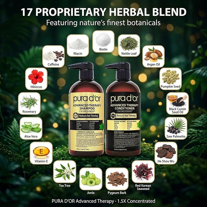 PURA D'OR Advanced Therapy Biotin Shampoo & Hair Regrowth Conditioner Set For Hair Thinning, CLINICALLY TESTED Effective Thickening Results, For Women & Men, Invigorating Forest Scent, 16oz x2
