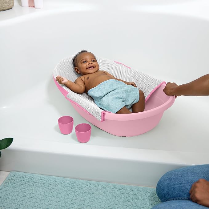 Ingenuity Room to Soak 4-in-1 Baby Bath Tub in Pink, Newborn to Toddler, Adjustable Full Coverage Sling, Supportive Seat, Includes 2 Pour & Rinse Cups, Easy Release Drain Plug, 0M+