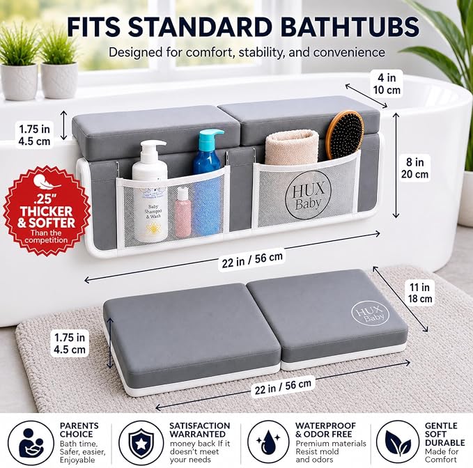 Comfortable Baby Bath Kneeler and Elbow Rest Pad Set, Non-Slip Bathtub Kneeling Pad for Bathing Baby, Bath Tub Cushion Mat, Elbow Pads, Toy Organizer Storage Pockets, Strong Suction Cups