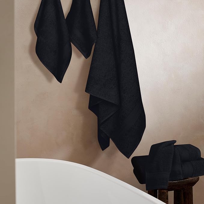 BOUTIQUO 6 Pack Cotton Towel Set, Contains 2 Bath Towels 27x54 inch, 2 Hand Towels 16x24 inch & 2 Wash Coths 12x12 inch, Ideal Everyday use, Ultra Soft Compact & Lightweight - Black