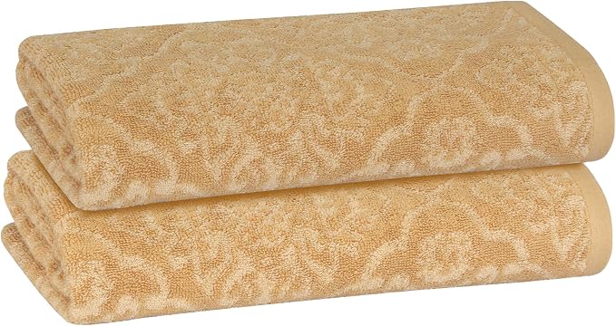 2 Pack Damask Hand Towel, Bath Towel, and Bath Sheet Towel, 100% Cotton Yarn Dyed, Lux Drying Experience, Great for Hands and Body, Perfect for Spa & Home Use (Wheat, Bath Towel)