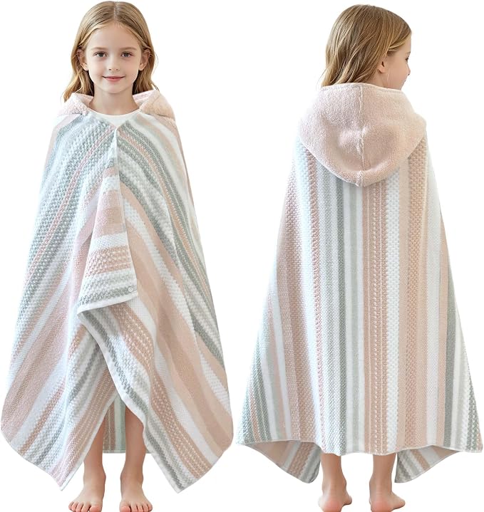 VOOVA & MOVAS Kids Hooded Towel Wrap(Ages 6-10) – 100% Cotton, Soft & Absorbent, Fast-Drying, Versatile Beach, Pool, Swim & Bath Cover-Up, Blush Grey Stripe