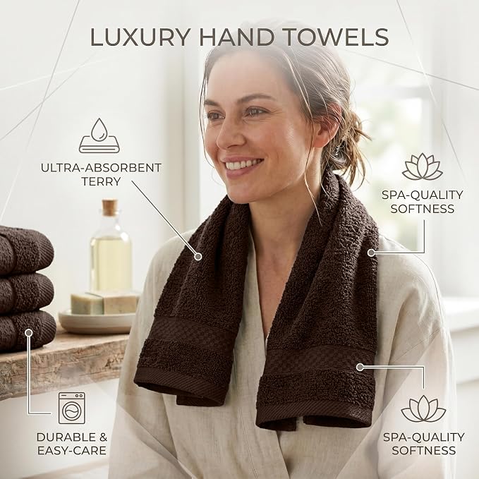 RIVERSIDE 6-Pack Premium Hand Towels Set, 16x28 inches, 100% Ring Spun Cotton, Super Soft, Quicker to Dry and Highly Absorbent, Towels for Bathroom, Kitchen, Gym, Spa, Brown