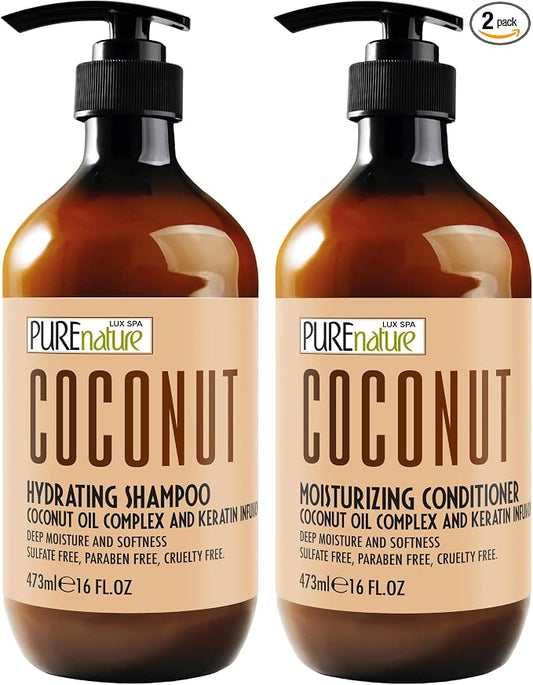 Coconut Shampoo and Conditioner Set - Sulfate Free - Deep Hydrating and Smoothing for Dry, Frizzy, Damaged Hair - Moisturizing, Shiny, Anti Frizz Salon Products for Women and Men - 16 Fl Oz (Set of 2)