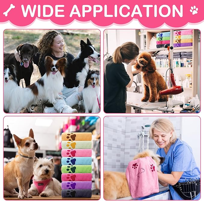Chumia 8 Pcs Microfiber Dog Towels for Drying Dogs Cats 18 x 28 Inch Pet Towels Bulk for Medium Puppy Absorbent Fast Drying Paw Bath Bathing Supplies for Pets(Dog Paw and Bone,Sweet Color)