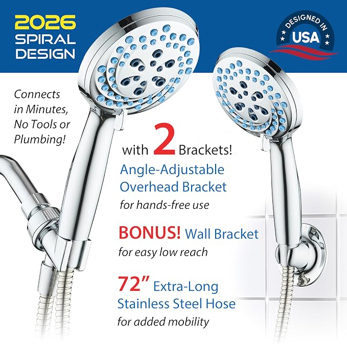 AquaCare Seen-On-TV High Pressure 8-mode Handheld Shower Head - 2-mode Power Wash to Clean Tub, Tile & Pets, Stay-Clean Nozzles, Extra Long 6 ft. Stainless Steel Hose, Wall & Overhead Brackets, Chrome