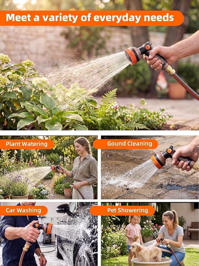 Garden Hose Nozzle, Metal Water Spray Nozzle with 8 Spray Patterns & Thumb Control, Heavy Duty Full Shower Water Nozzle for Lawn & Plant Watering, Car & Pet Washing, Orange