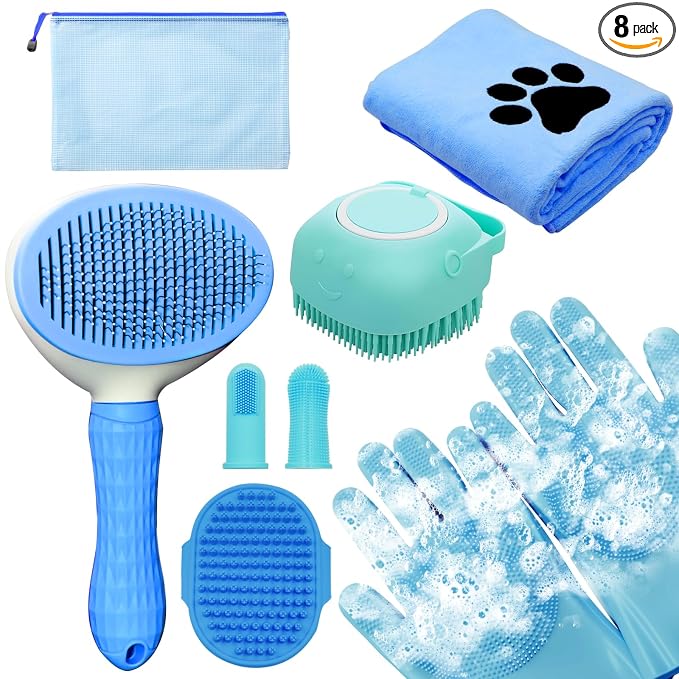 Dog Grooming Kit for Shedding – 8-Piece Pet Grooming Supplies with Deshedding Brush, Bath Gloves, Towels & Silicone Toothbrush | Ideal for Dogs, Cats, Small and Large Pets (Blue)
