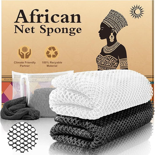 2-Pack African Net Sponge - Exfoliating Scrubber for Face & Body Shower, Travel-Ready, Durable, Gentle Exfoliation for Sensitive Skin(Black,White)
