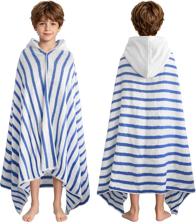 VOOVA & MOVAS Hooded Bath Towels for Teens/Big Kids (8Years Up) | Soft Absorbent 100% Cotton Thick Thin Stripe Towel Wrap | Versatile Beach, Pool, Swim & Bath Cover-Up | Blue