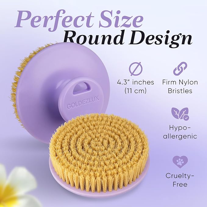GOLDEZLUX® Dry Body Brush Cruelty-Free Firm Bristles Exfoliate Promote Smooth Skin, Dry Brushing Stimulate Blood Flow, Lymphatic Drainage, Prevent Ingrown Hair - Large Size & Comfortable Grip (Purple)