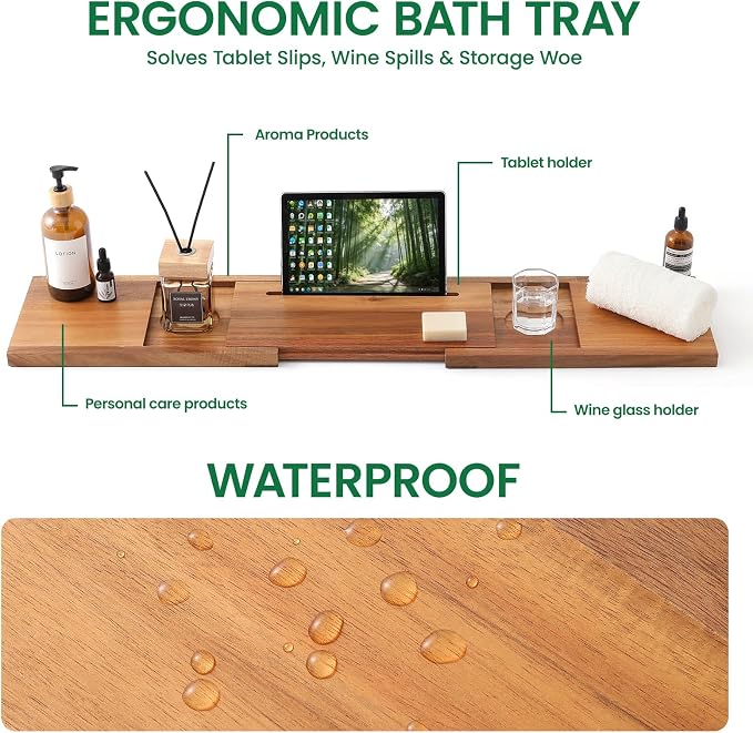 Adjustable Bathtub Tray with Accessories Holder, 32-42 Inches Wood Bath Tray for Tub