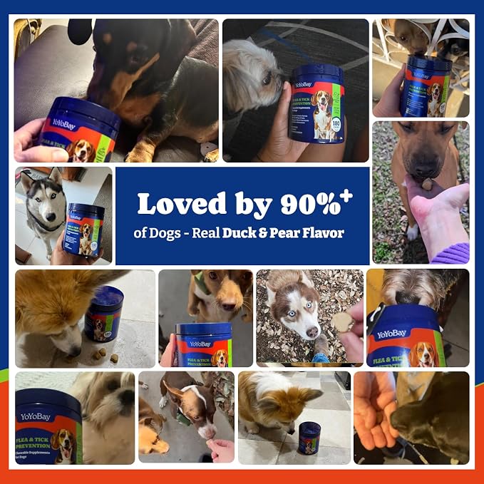 Flea and Tick Prevention for Dogs Chewable - 180 Soft Chews, Duck & Pear Flavor - Dog Flea and Tick Treatment Chewable, Natural Defense- Dog Immune Support Supplement