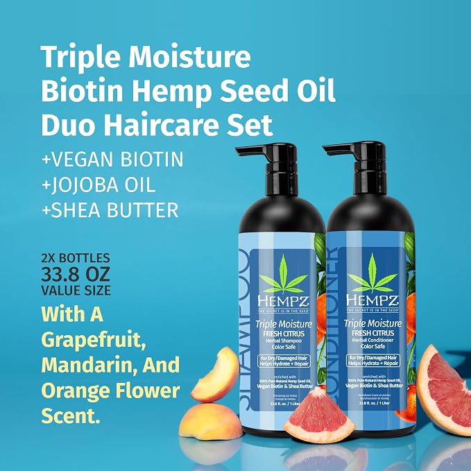 HEMPZ Hair Shampoo & Conditioner Set - Grapefruit & Peach Scent for Dry, Damaged and Color Treated Hair, Hydrating, Softening, Moisturizing with Biotin Duo Set 33.8 fl oz