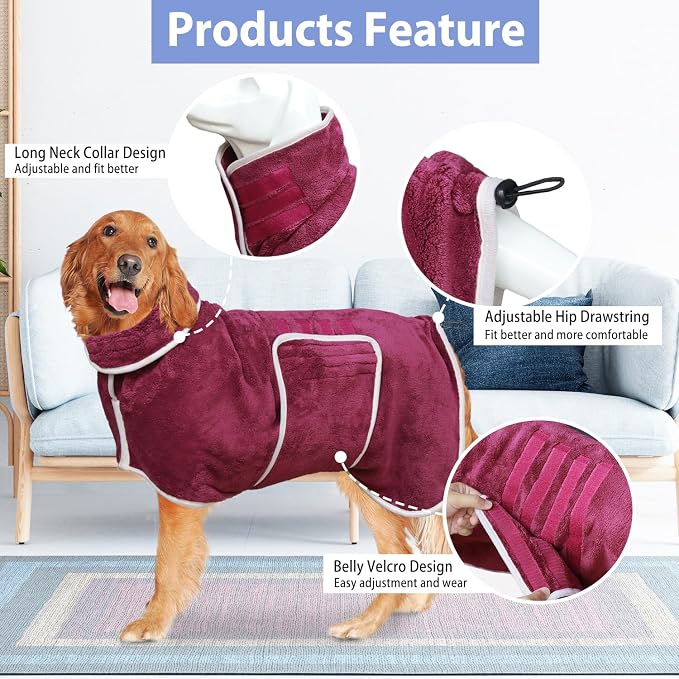 Dog Bathrobe Towel Dog Drying Coat - Super Absorbent Bath Robe for Drying Dogs Large, Soft Adjustable Collar & Belly Strap Fast Drying Coat Pet Dog Cat Bath Robe Towel (Purple, Medium)