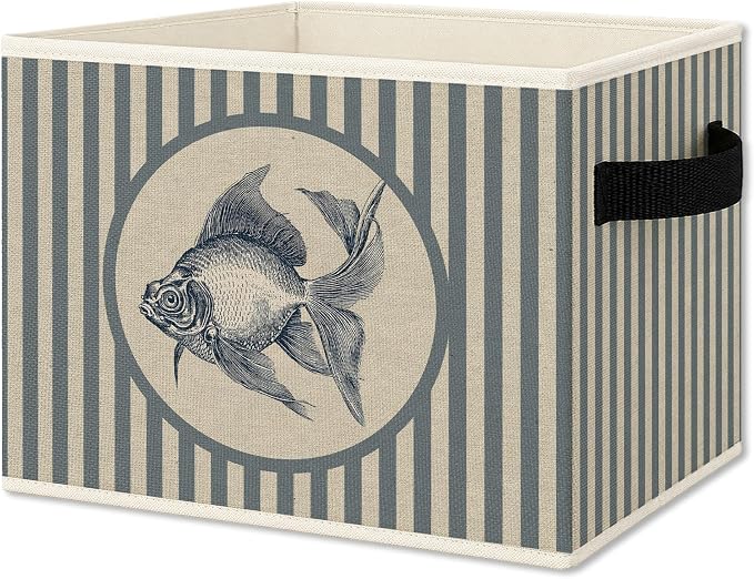 Blue Goldfish Foldable Storage Bins Box with Handles, Retro Farmhouse Blue Striped Goldfish Collapsible Organizer Basket for Bedroom Bathroom Clothes Books