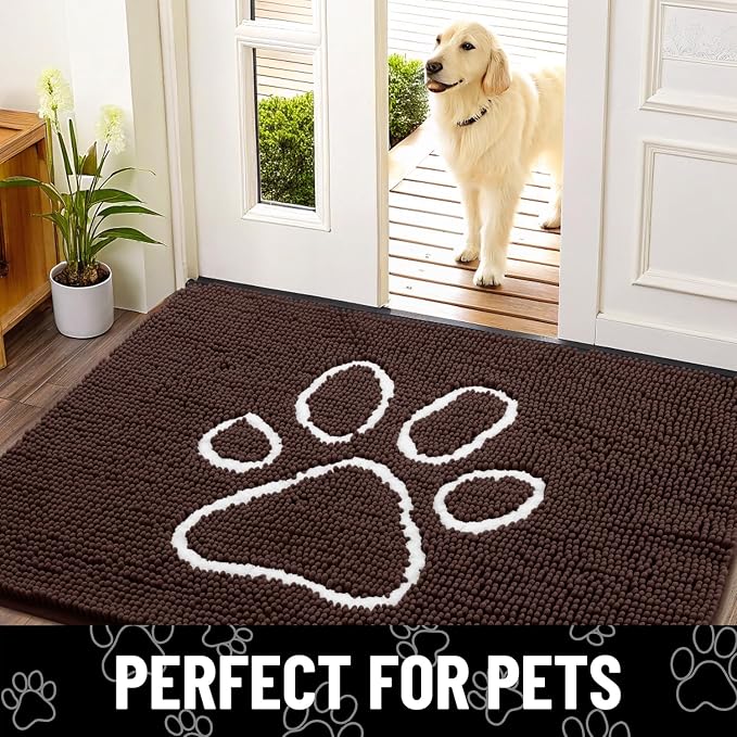 Smiry Dog Door Mat for Muddy Paws, Absorbent Dirt Trapper Non Slip Quick Dry Washable Chenille Mat for Mud Dogs, Entry Rug for Indoor and Outdoor (30x20 Inches, Brown and White)