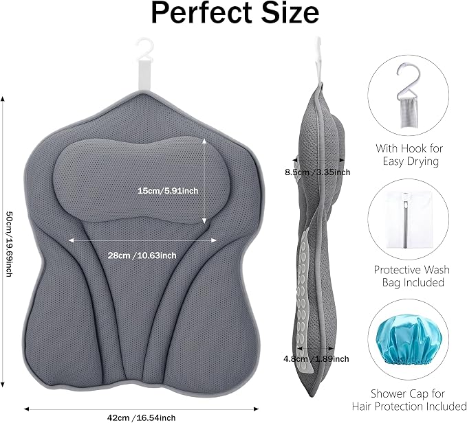 Bath Pillow PYRRHIC - Bathtub Pillow 5D Mesh with Neck & Back Support Non-Slip Suction Cups Fast Drying Soft Spa Pillow Relaxing Bath Accessories with Hook Laundry Bag Grey