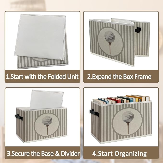 Vintage Golf Storage Bins Box with Handles, Golfing Sports Decor for Boys, Sage Striped Classic Golf Ball Aesthetic Collapsible Organizer Basket for Nursery Room Bedroom Playroom Toys Books