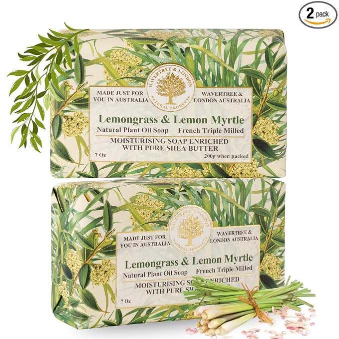 Wavertree & London Lemongrass & Lemon Myrtle Scented Natural Soap (2 Bars), 7oz Moisturizing French Triple Milled Soap Bars enriched with shea butter - Pure Plant Oil Bath & Body Soap Bars