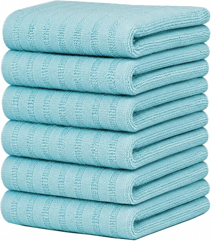 Premium Kitchen Towels (20”x 28”, 6 Pack) | Large Cotton Dish Towels 450 GSM | Highly Absorbent Terry Kitchen Linen Set with Hanging Loop | Aqua Solid