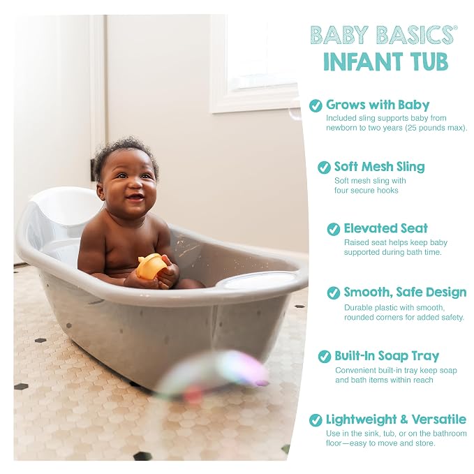 Regalo Baby Basics Infant Bath Tub with Air Mesh Sling, Adjustable Baby Bathtub for Newborn to Toddler, Baby Bath Seat Support, Easy Clean with Drying Hook